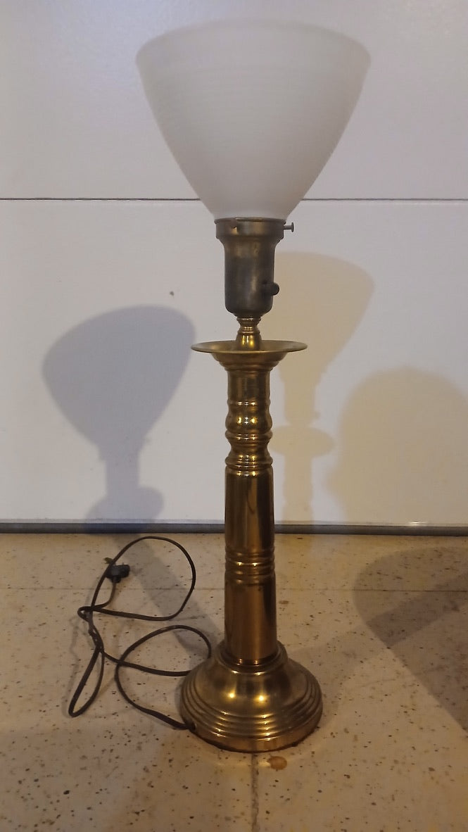 Vintage Brass Candlestick Table Lamp c.1960s — Colonial Revival with Original Shade & Glass Diffuser