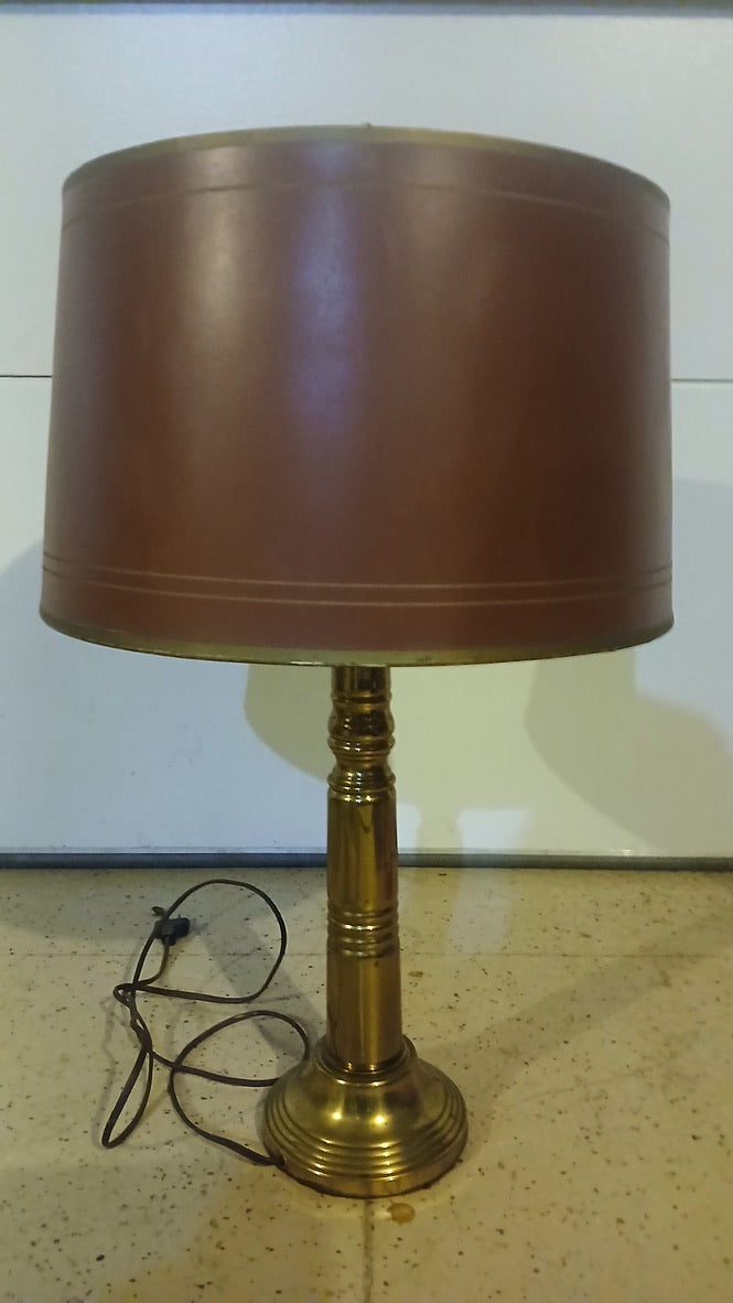 Vintage Brass Candlestick Table Lamp c.1960s — Colonial Revival with Original Shade & Glass Diffuser