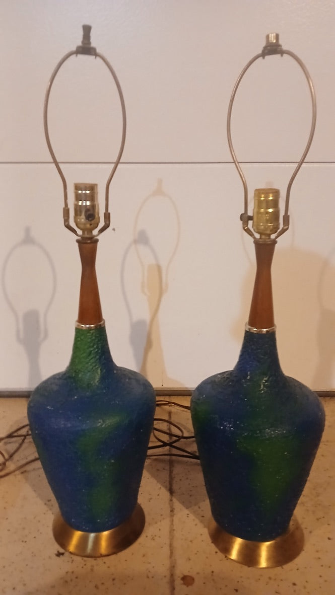 Matched Pair Mid-Century Modern Ceramic Table Lamps c.1960 — Cobalt & Emerald Glaze with Original Shades