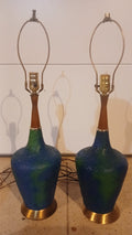 Matched Pair Mid-Century Modern Ceramic Table Lamps c.1960 — Cobalt & Emerald Glaze with Original Shades