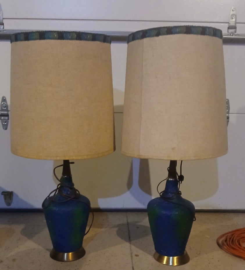 Matched Pair Mid-Century Modern Ceramic Table Lamps c.1960 — Cobalt & Emerald Glaze with Original Shades
